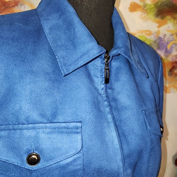 Evan Picone Blue Suede-like Zip Blazer With Gold Buttons and Pockets - Picture 13 of 13